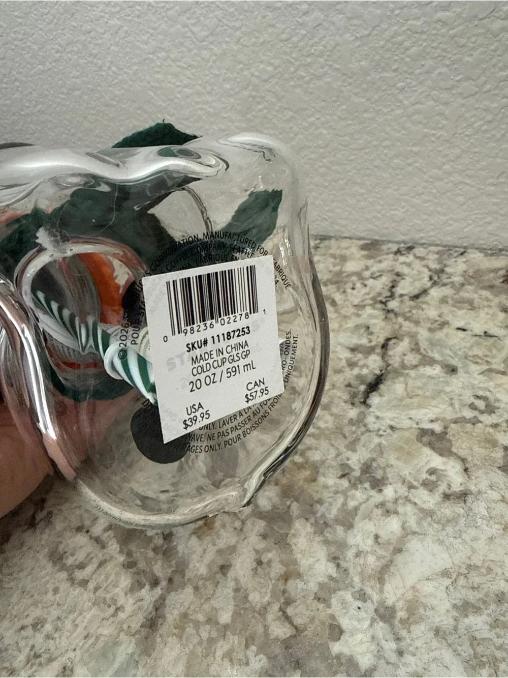 Starbucks Glass Snoopy Vase with Orange Hat and Green Scarf